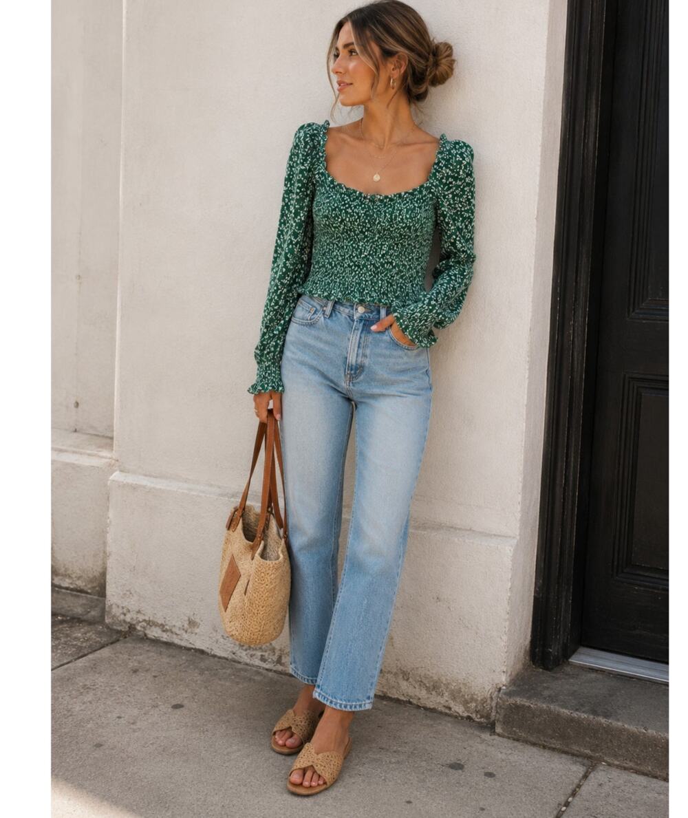 Reformation Green Ditsy Floral Smocked Blouse Womens M Summer Sheer Sleeve Boho